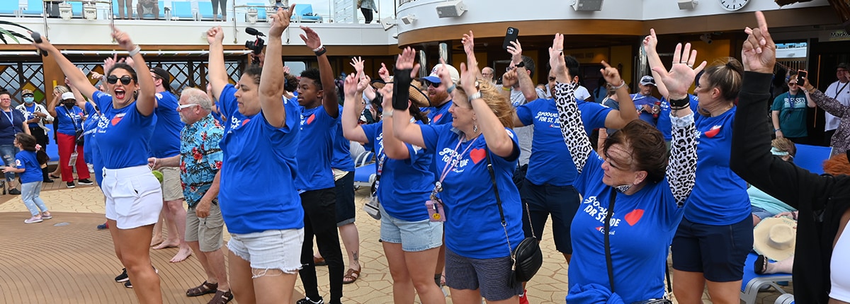 group of people in lines dancing for St Jude event