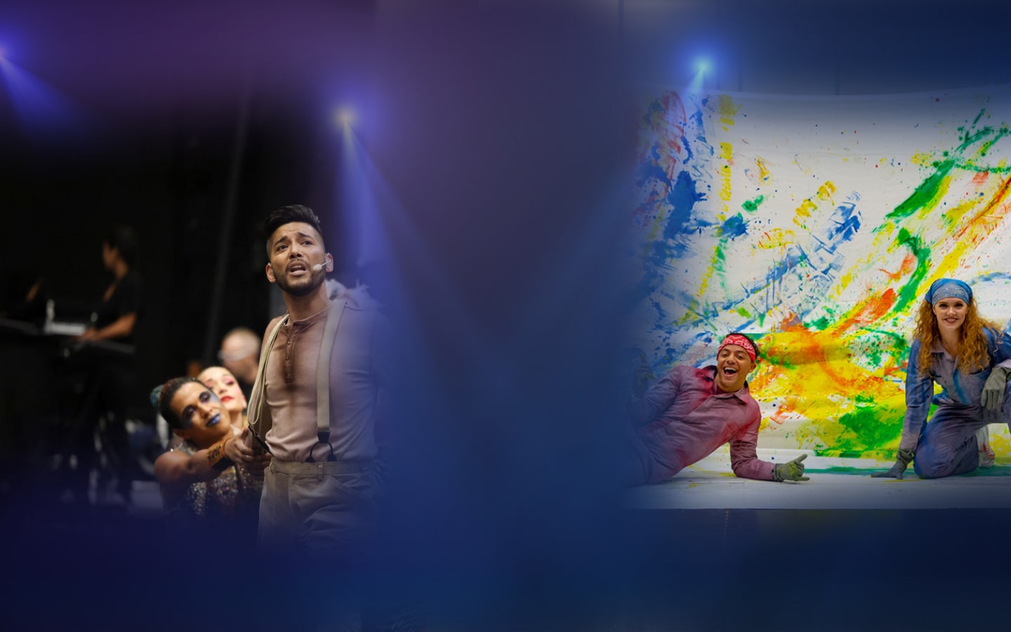 entertainers smile while performing on stage