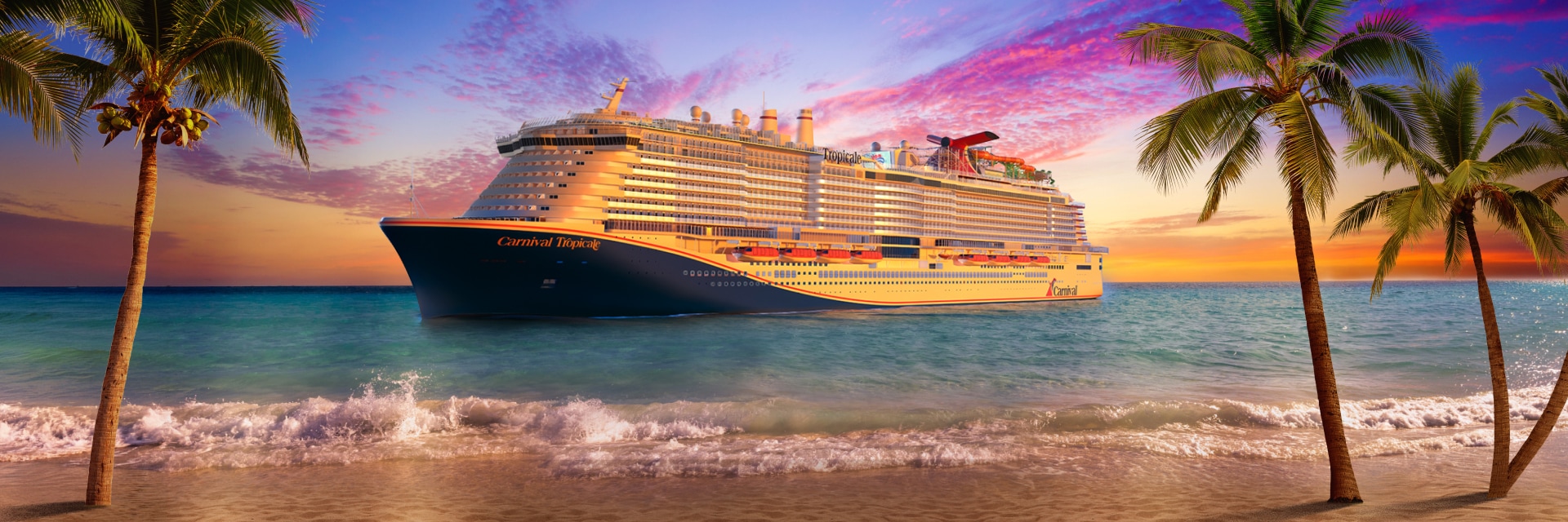 Carnival Tropicale sailing near a tropical beach framed by palm trees at sunset