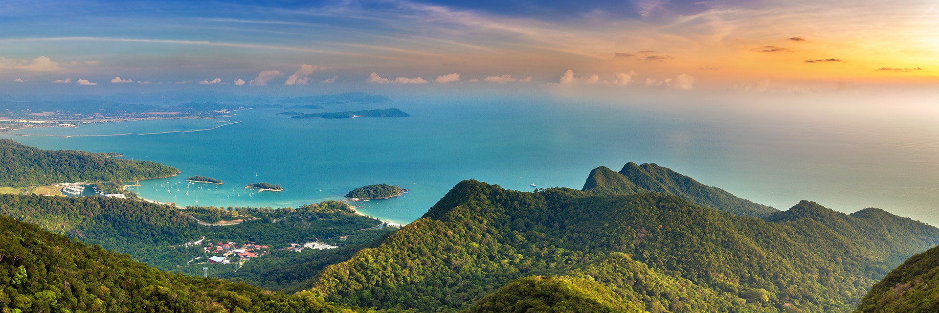 aerial view of the mountains and beautiful beach in langkawi