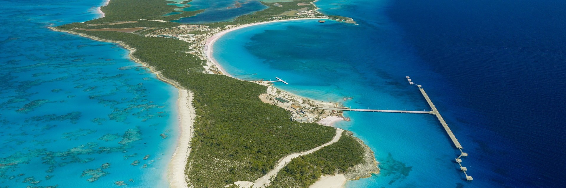 aerial view of half moon cay and beautiful turquoise waters