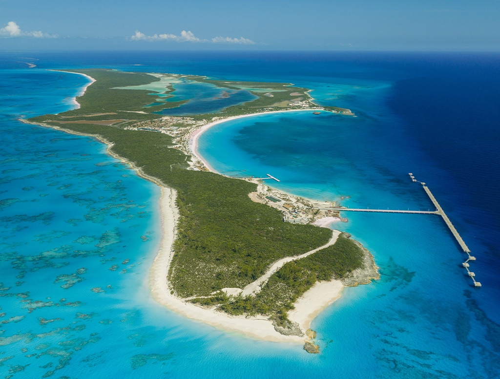 aerial view of half moon cay and beautiful turquoise waters