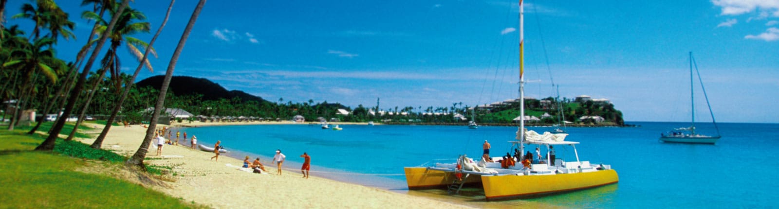 In Antigua with a yellow catamaran, white sand beach, blue water and green grass