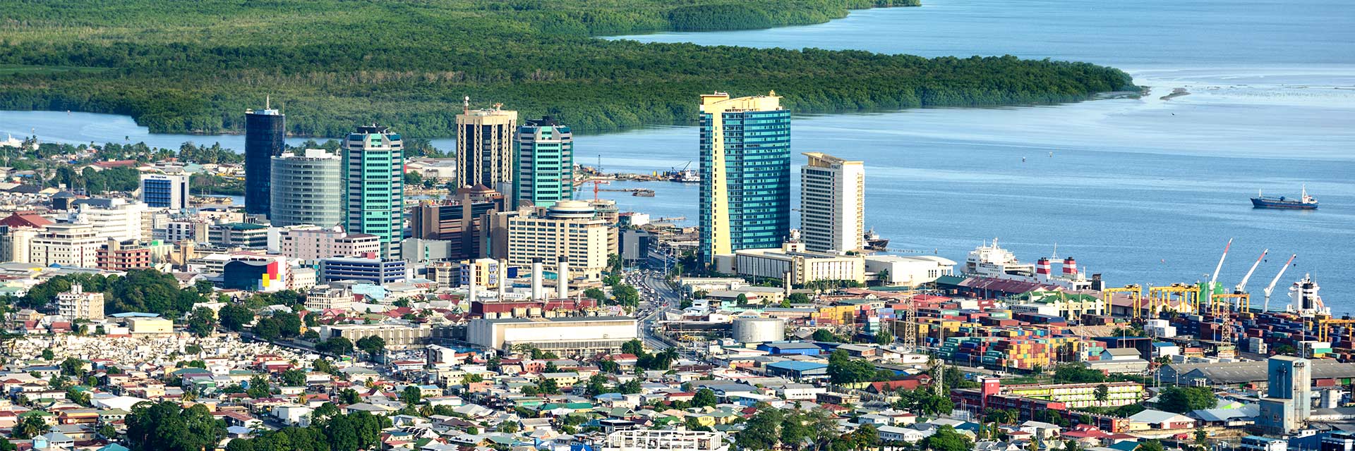 aerial view of the buildings by the port in port of spain