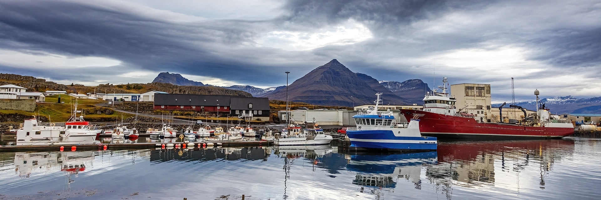 view of small village and fishery in Djupivogur, Iceland with mountain in the background