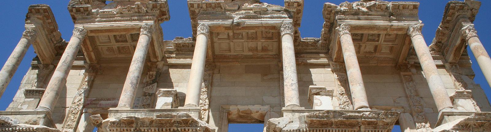 Looking up at the ruins in the Roman bazaar in Izmir, Turkey