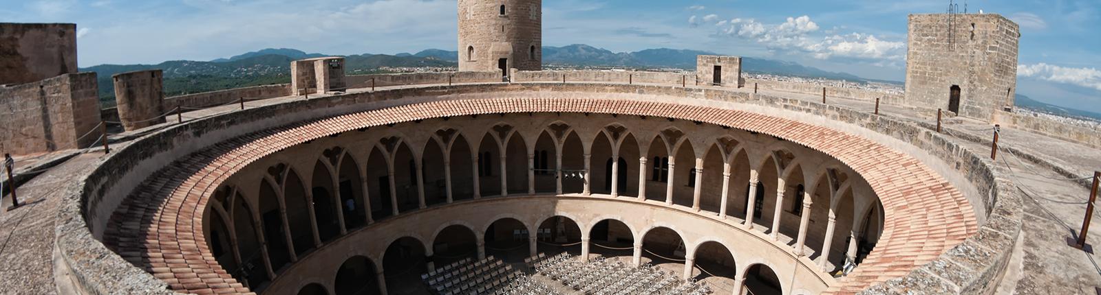 Looking across circular opening of the Bellver Castle in Palma de Mallorca