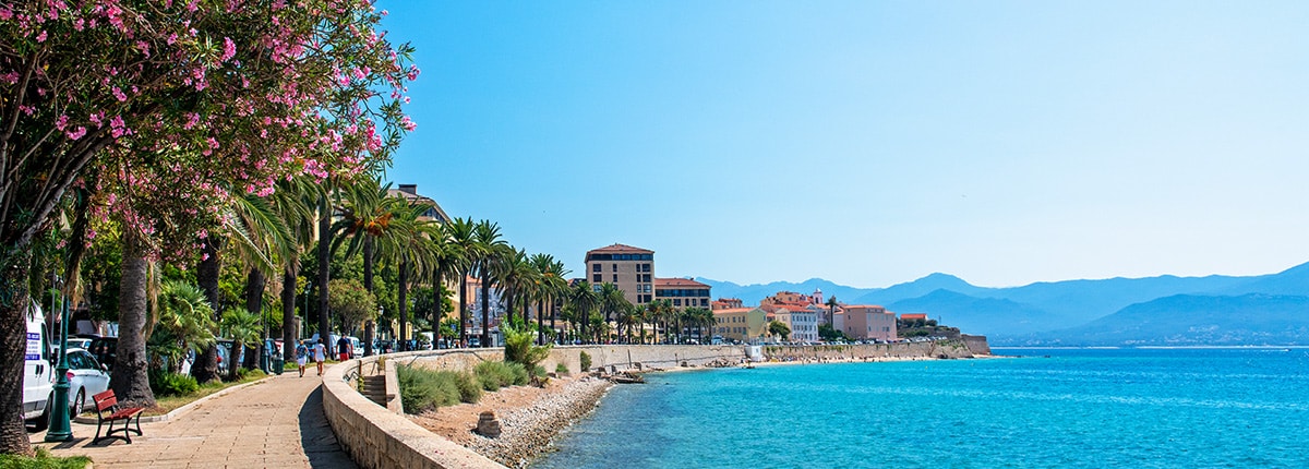 view of the coastline and boardwalk in ajaccio, corsica