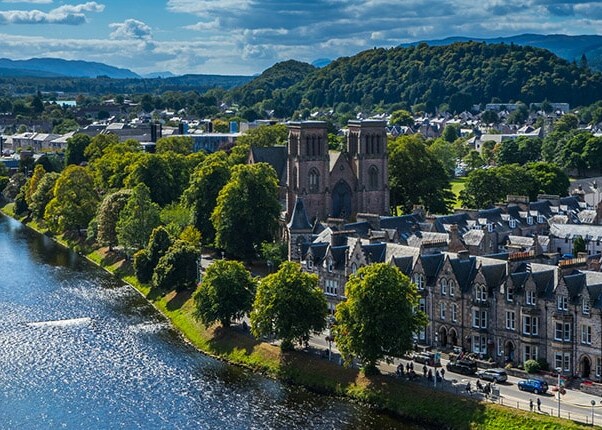 view of the canal and skyline of inverness, scotland