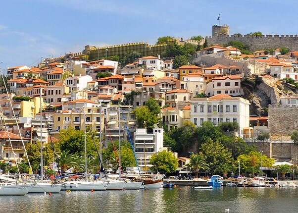 buildings with orange roofs are located on a mountainside of kavala