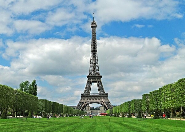 the eiffel tower stands between trees on a cloudy day