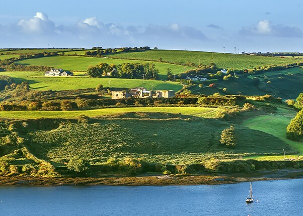 view of green hill with water from Charles Fort, Ireland