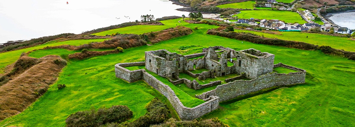 Aerial view of old ruin structure in James Fort, Ireland