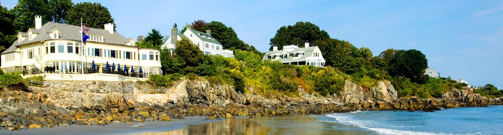 Gorgeous coastal view of homes overlooking Portland, Maine waters