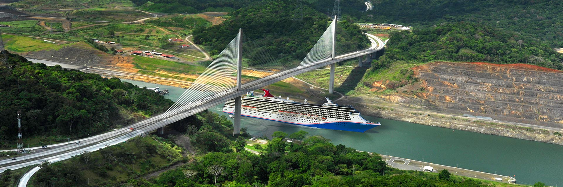 Aerial view of rich vegetation alongside the Panama Canal