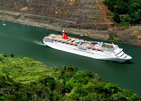 aerial view of a carnival cruise ship navigating the panama canal