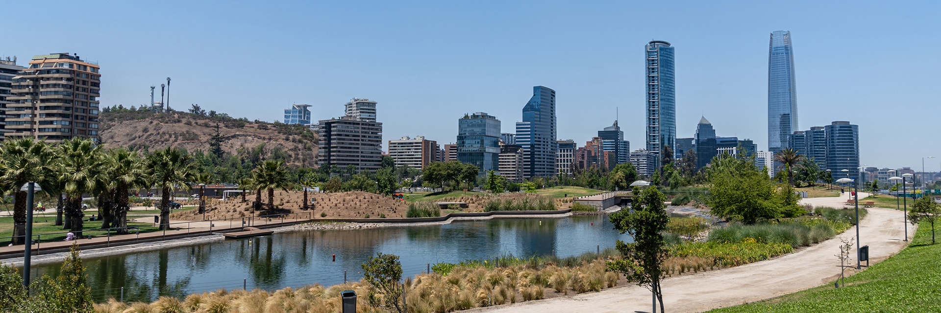 the cityscape and river at the bicentenario park in santiago, chile