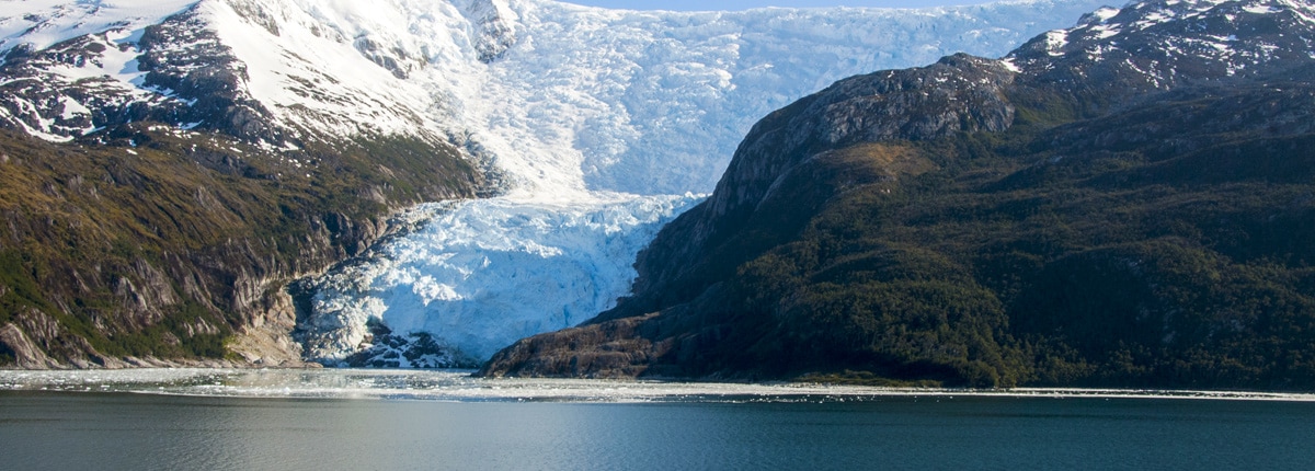 landscape of beautiful mountains, glaciers and waterfall