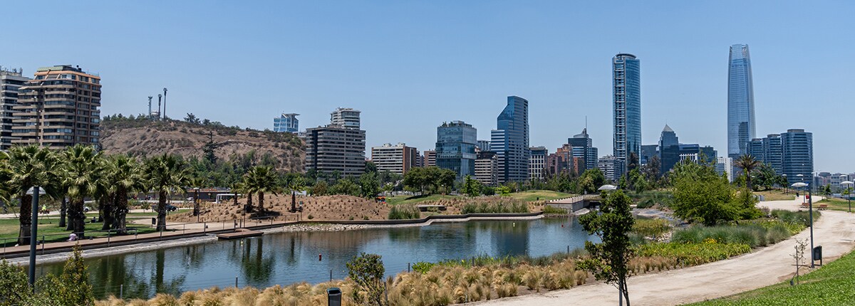 the cityscape and river at the bicentenario park in santiago, chile
