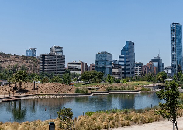 the cityscape and river at the bicentenario park in santiago, chile