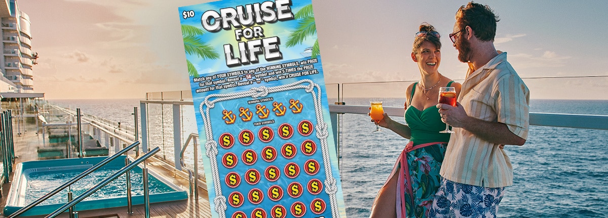 guests enjoying cocktails with the cruise for life scratch off ticket