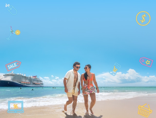 a man and woman walking on a beach and a carnival cruise docked in port