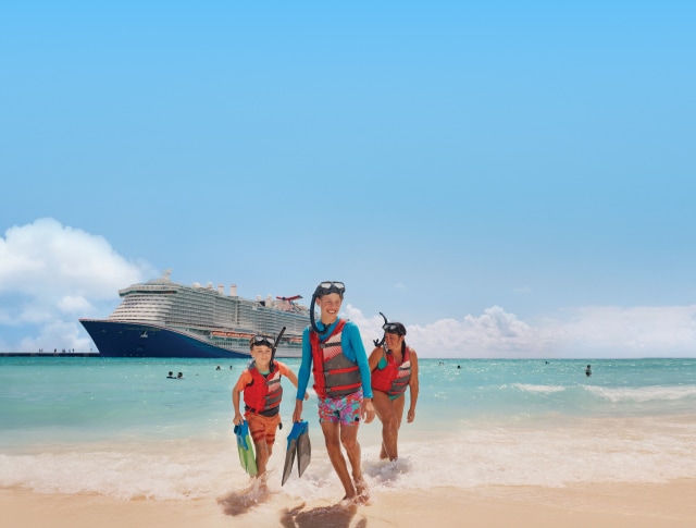 guests standing on the beach shore with their snorkel gear and a carnival cruise ship in the background