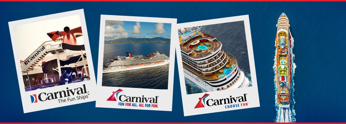 a carnival cruise line ship sails pass a collage of photos that depicts historical moments of carnival and its logos