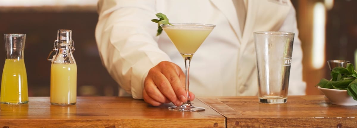 bartender serving a martini glass with alchemy bar's restorative basil drop