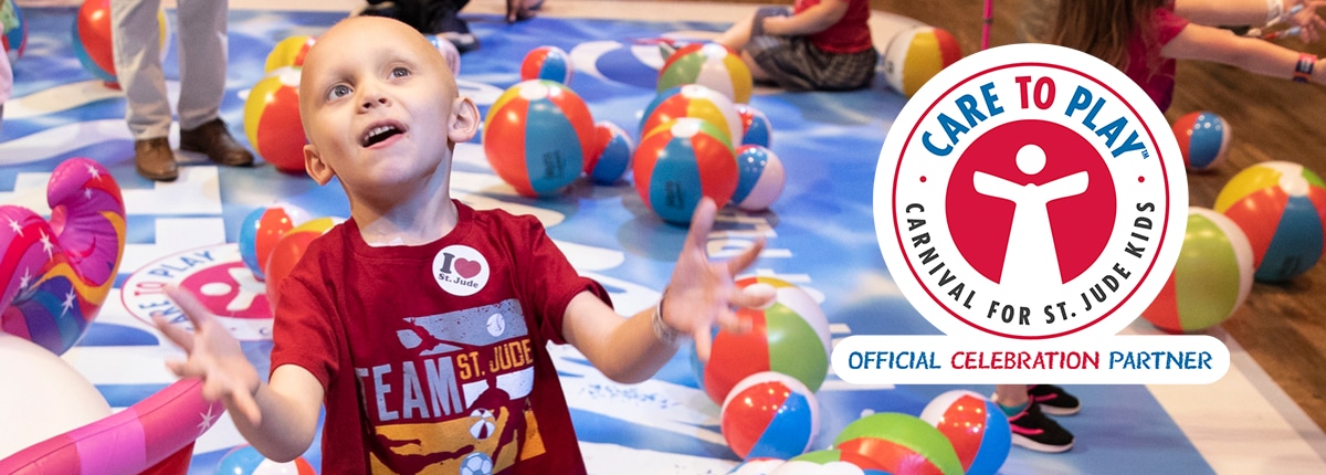 st. jude patient enjoys a fun beach ball drop at the day of play event hosted by carnival; with the Care to Play logo with text Carnival for St. Jude Kids and Official Celebration Partner overlaid on the image 