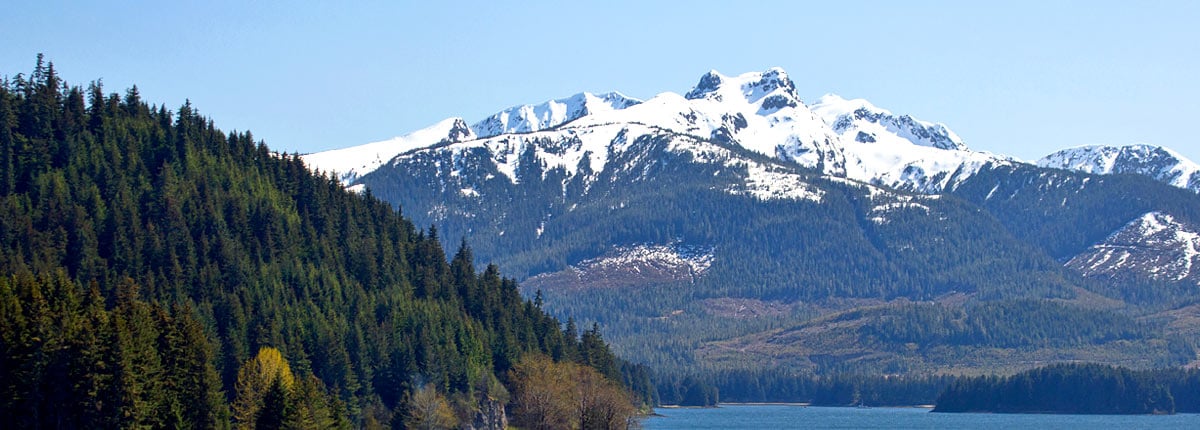 Snow-capped mountains and green forests in Icy Strait Point, Alaska