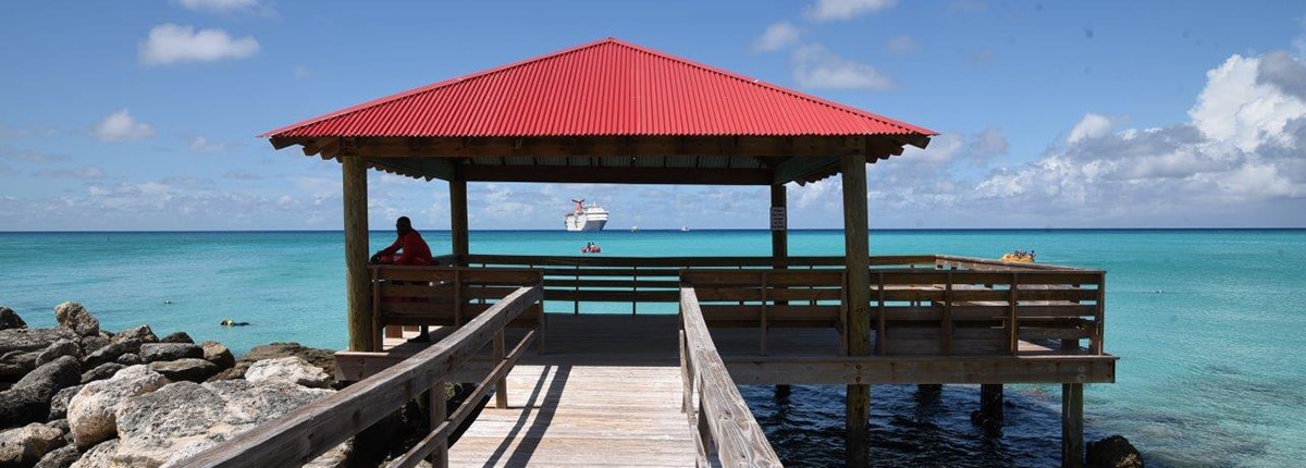 a beatiful covered pier in the blue waters of princess cays while a carinval ship sails in the background