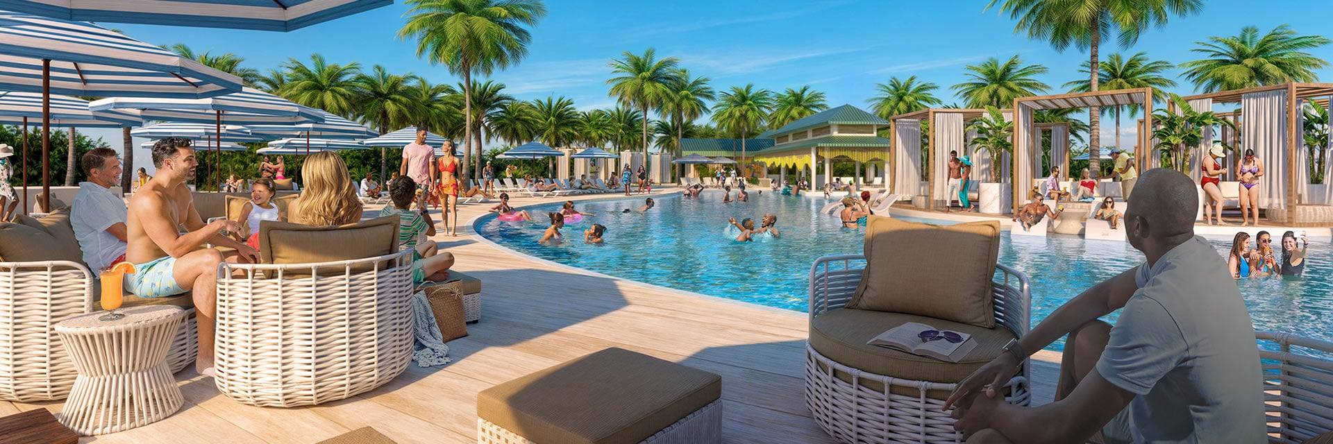 guests sitting around and swimming in a pool