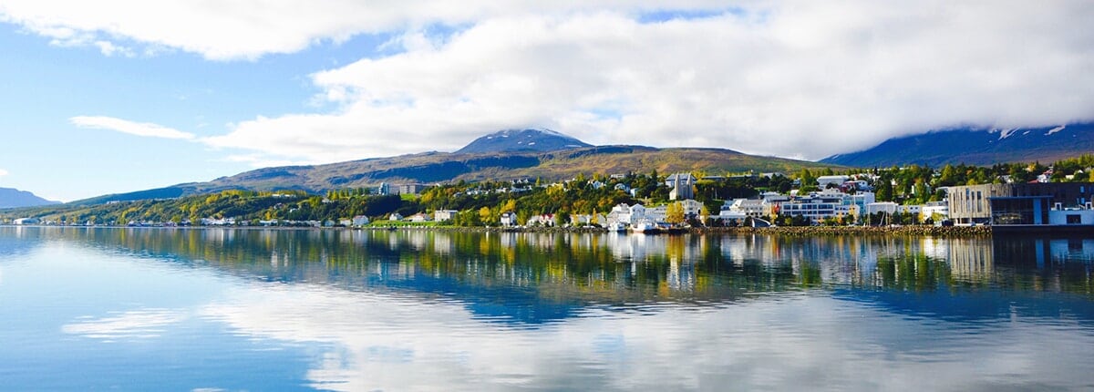 landscape of the town from the lake akureyri in iceland