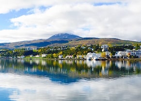 landscape of the town from the lake akureyri in iceland