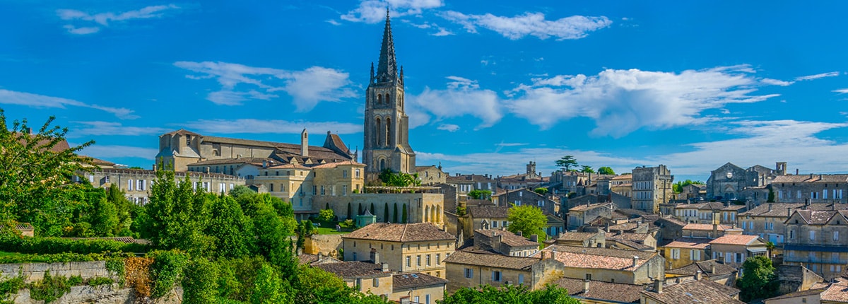 aerial view of french village saint emilion and its cathedral