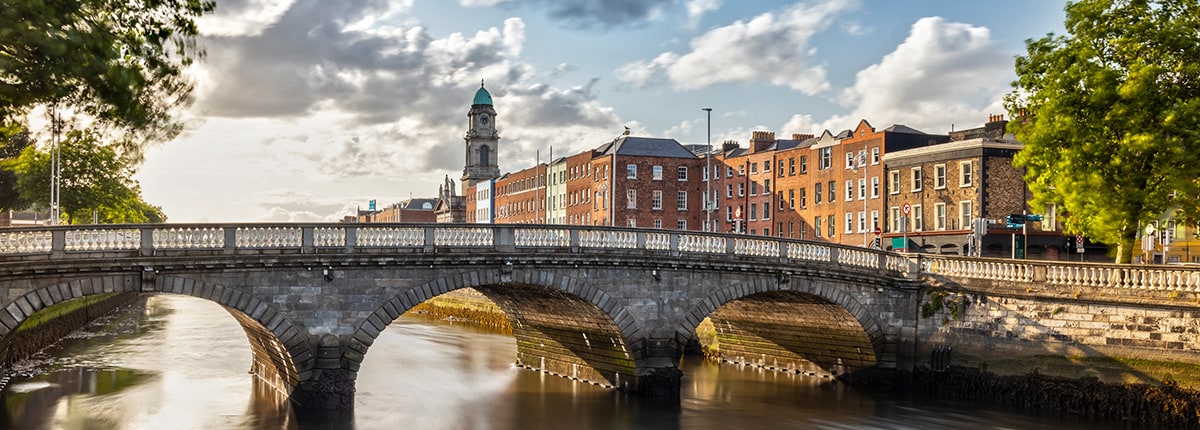 view of st. patricks cathedral and a bridge on the liffey river