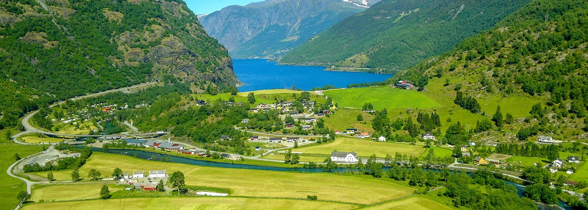 beautiful green valley and fjord of flaam, norway