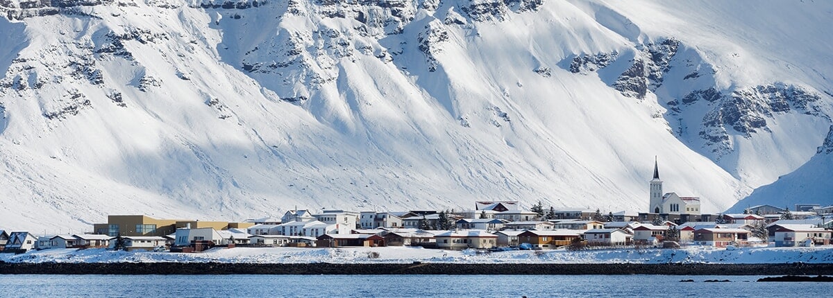 the village of grundarfjordur, iceland in winter