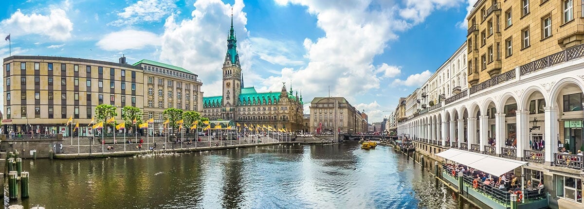 hamburg city center with town hall and alster river in germany
