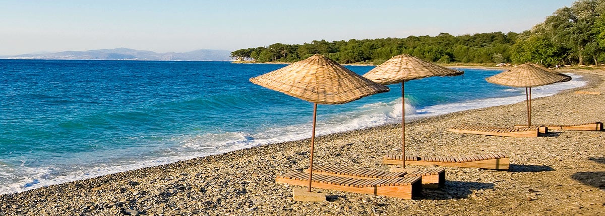 lounge chairs on the beaches of Kusadasi, Turkey