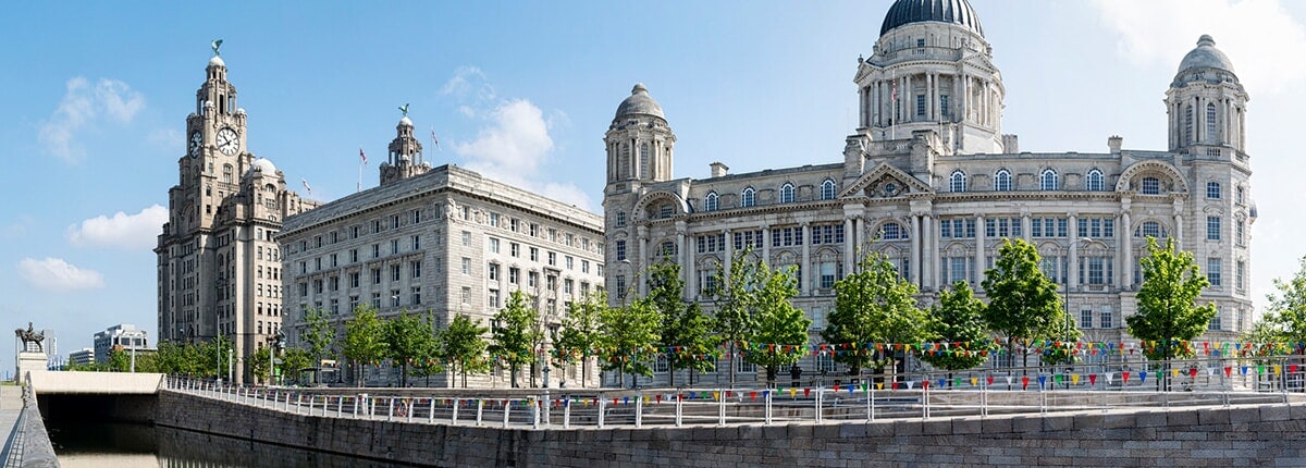 the three graces as seen by the waterfront in liverpool, england 