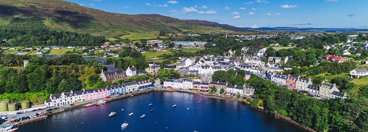 aerial view of the town of portree, isle of skye, scotland