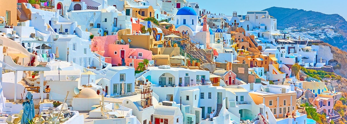 traditional white and colorful buildings in santorini, greece