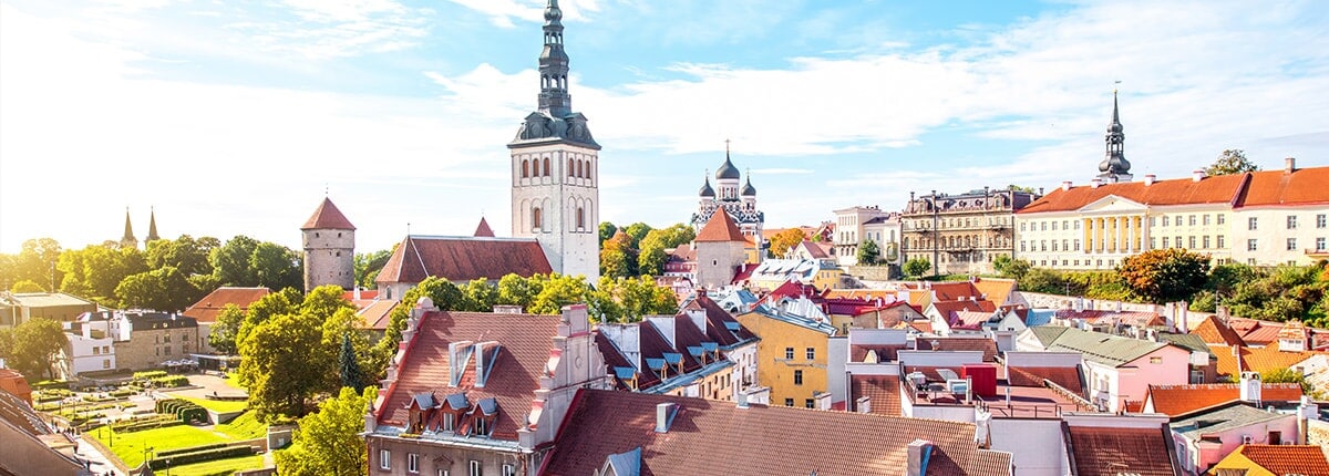 the bright sun shines on the tallinn old town showcasing the vibrant trees and colorful roof tops