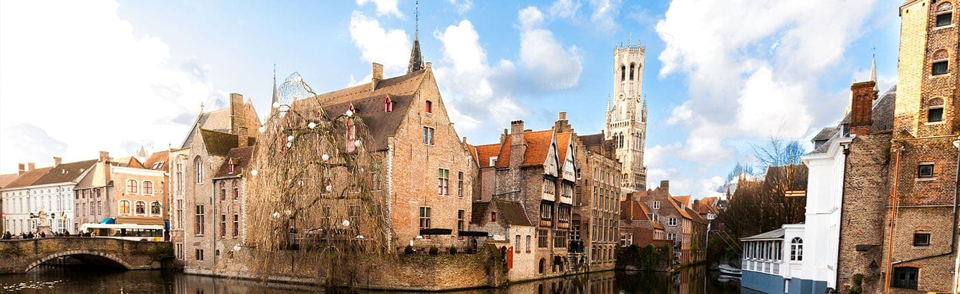 medieval houses and gothic bell tower in brussels 
