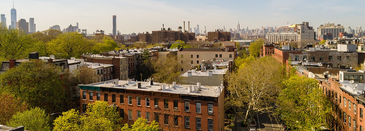 view of brooklyn brownstones with the new york skyline