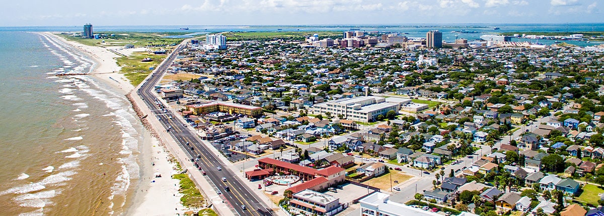 aerial view of  the city of galveston and the beautiful beach