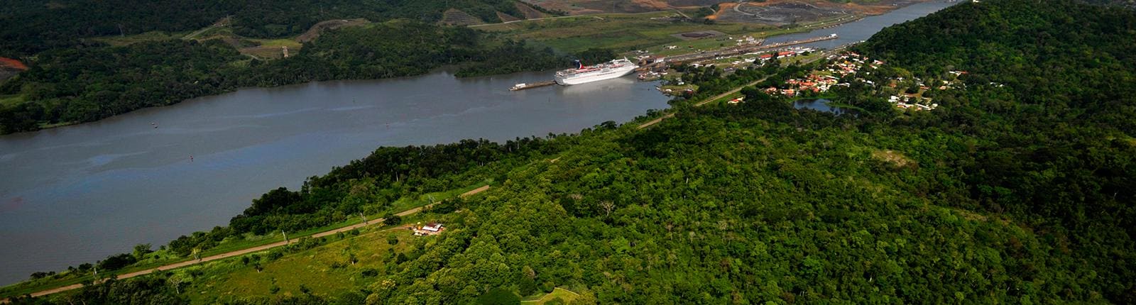 Aerial view of rich vegetation alongside the Panama Canal
