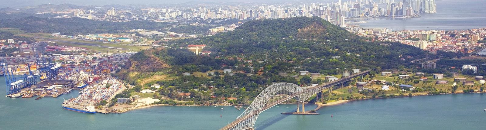 View of the city of Colon, Panama alongside the Panama Canal